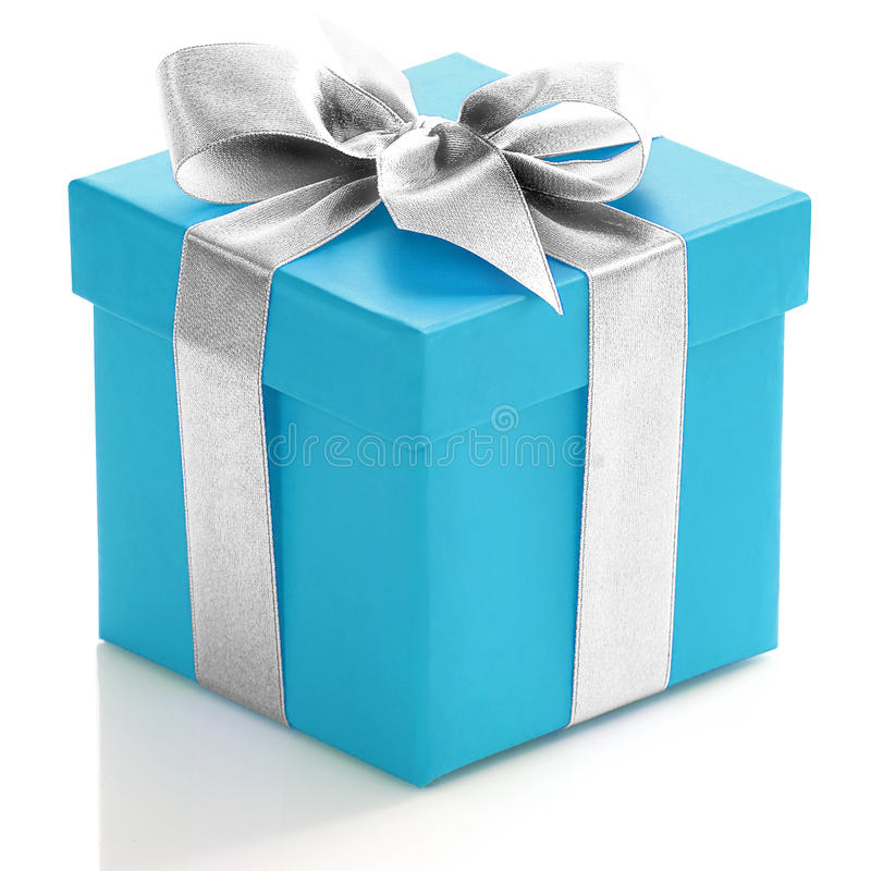 image of a blue gift box with a silver ribbon